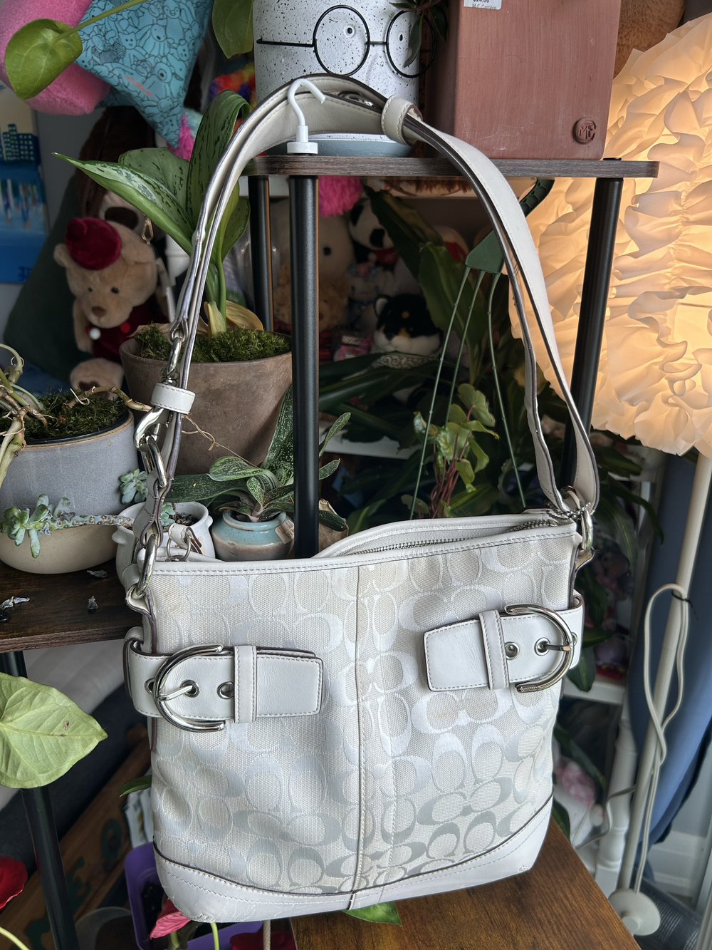 Vintage Coach signature jacquard buckle shoulder bag cream canvas & leather trim